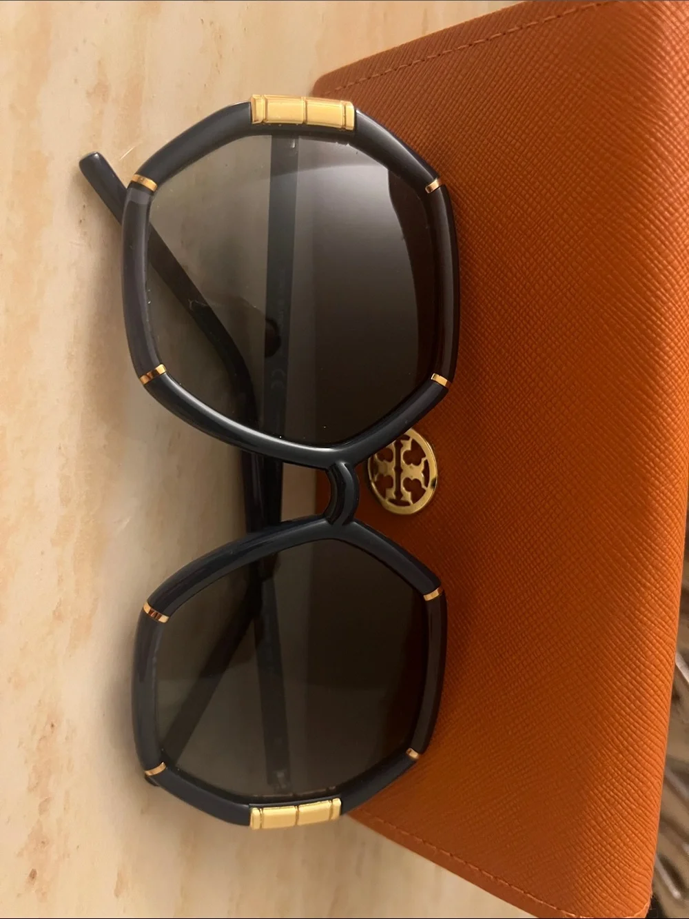 Tory Burch Blue Hexagonal Sunglasses with Gold Accents